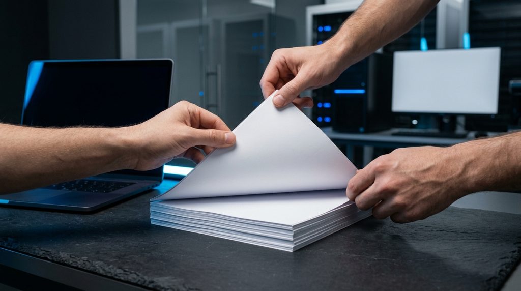 暗い机の上で、書類の束から一枚を抜き取る手元