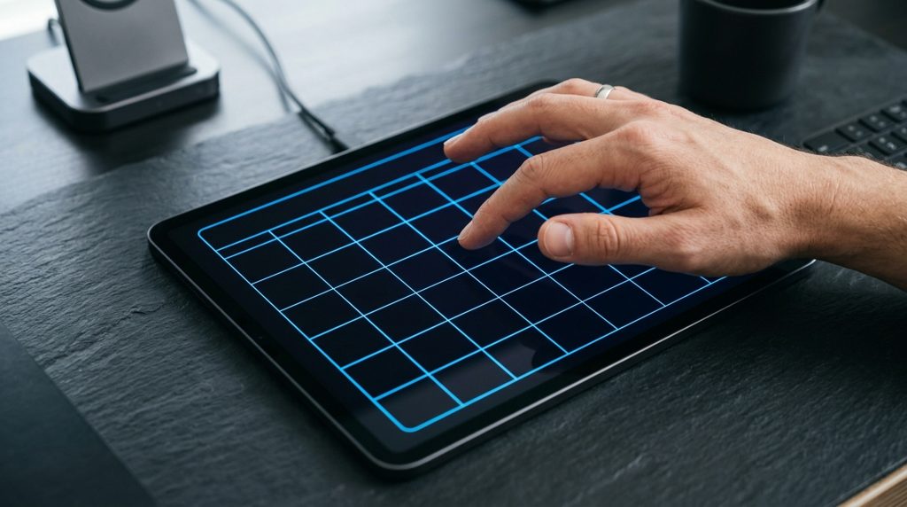 タブレットの画面に表示されたデジタルカレンダーを指差す手元