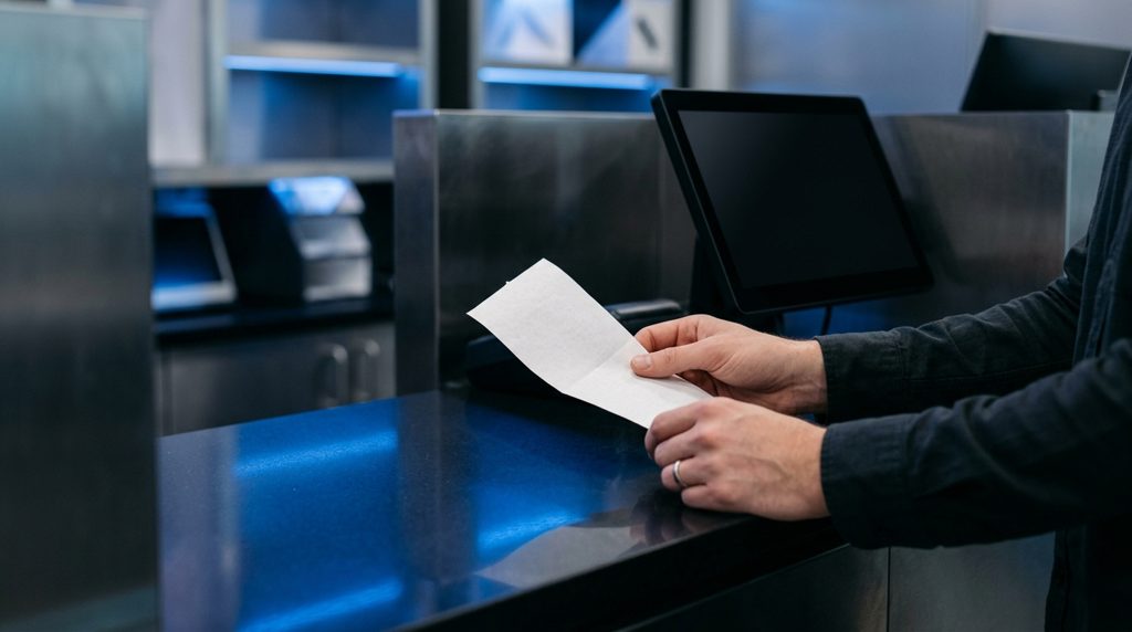 コンビニカウンターで支払い用紙を提示する手元