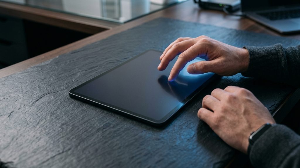 電気ブルーに光るタブレット画面を前に考える手元