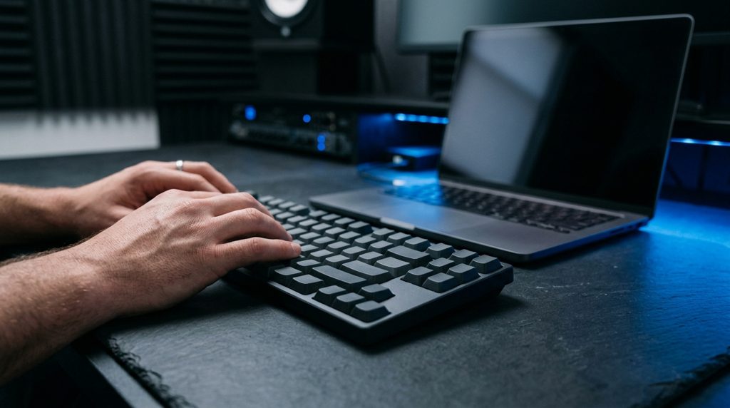 暗いデスクでキーボードに手を置く様子