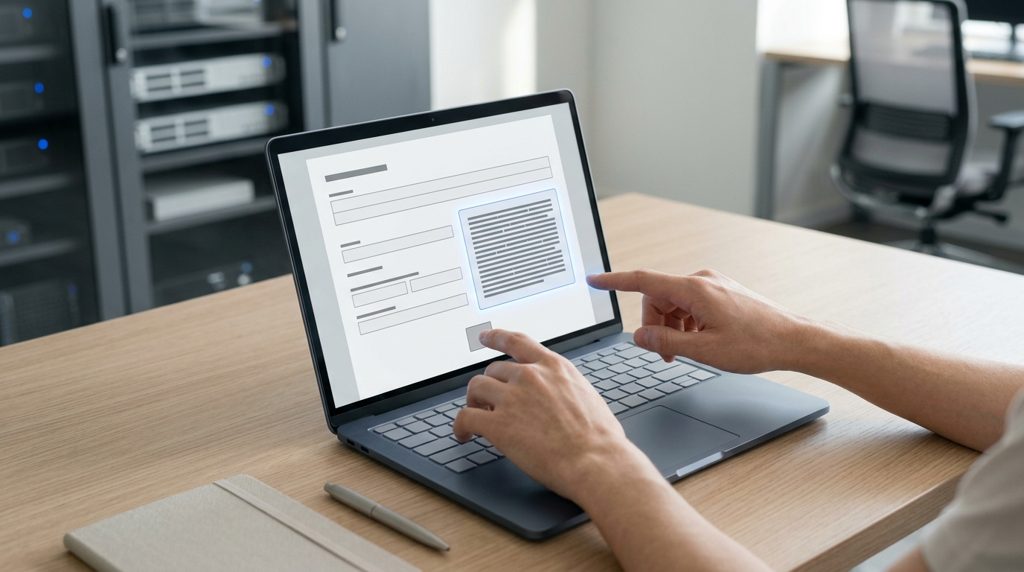 ノートPCの申請画面と、小さく表示された規約を指す手元