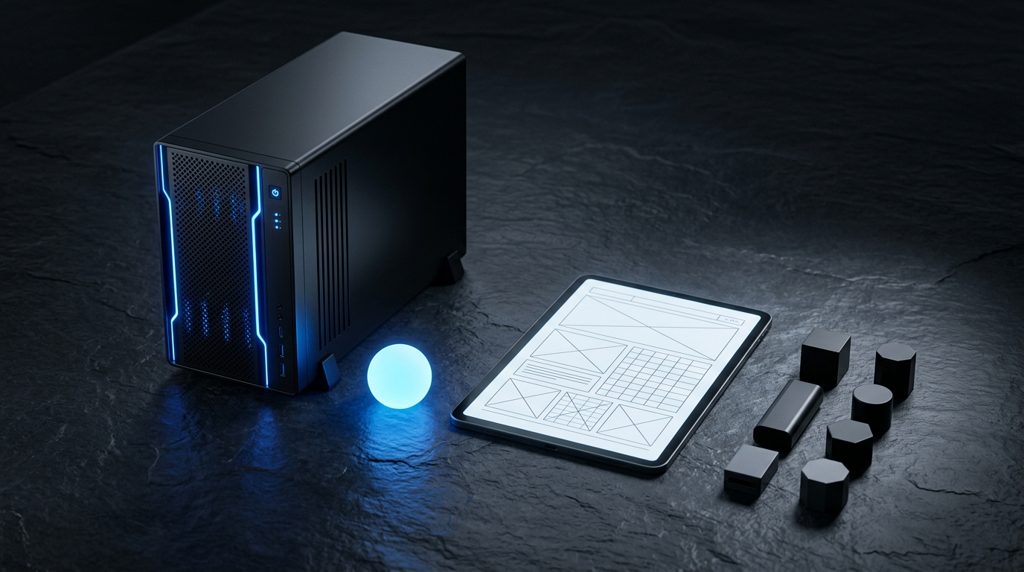 サーバー機器、光る球体、タブレット、幾何学的な部品
