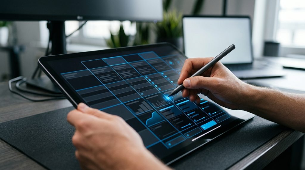 暗いタブレット画面で比較表を操作する手