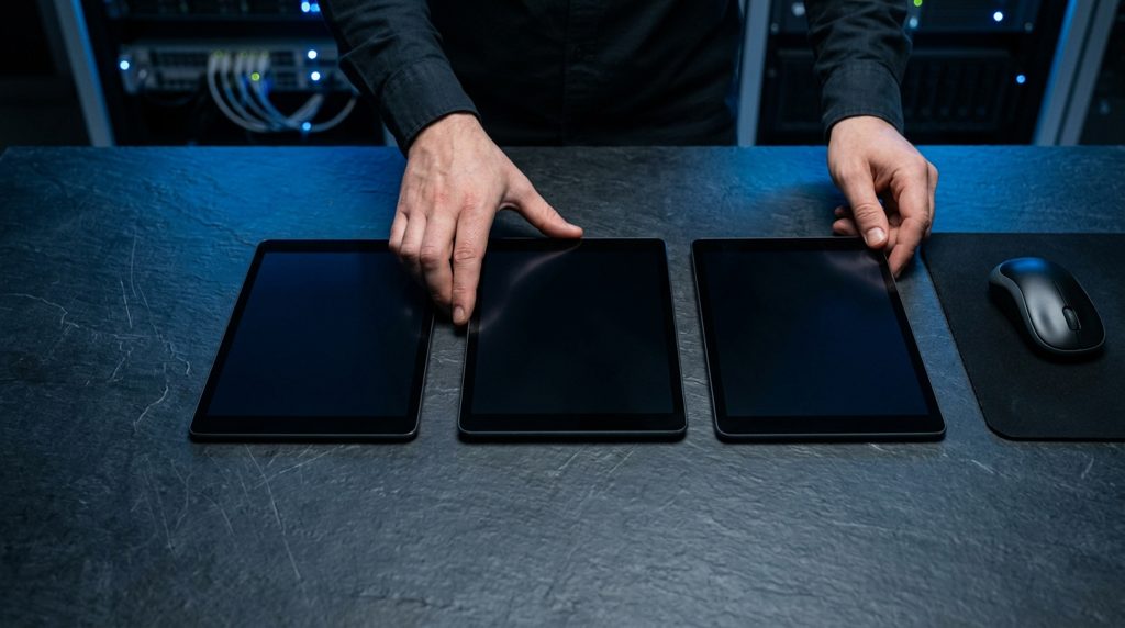 複数のタブレットを並べ比較する手元