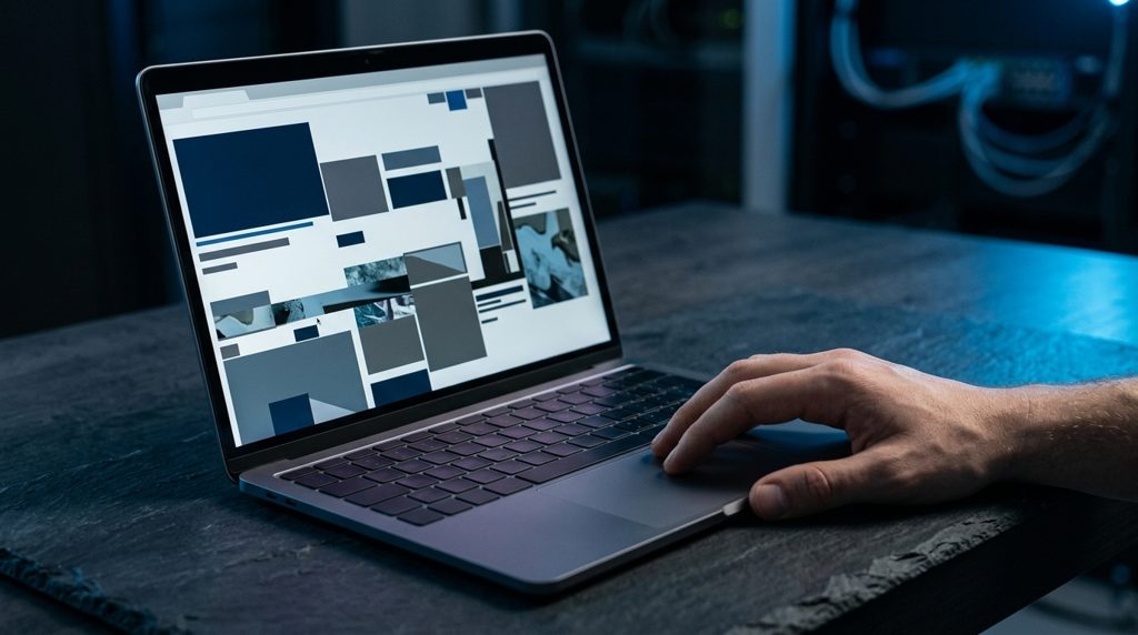 ノートPCの画面と、それを見つめる手元。