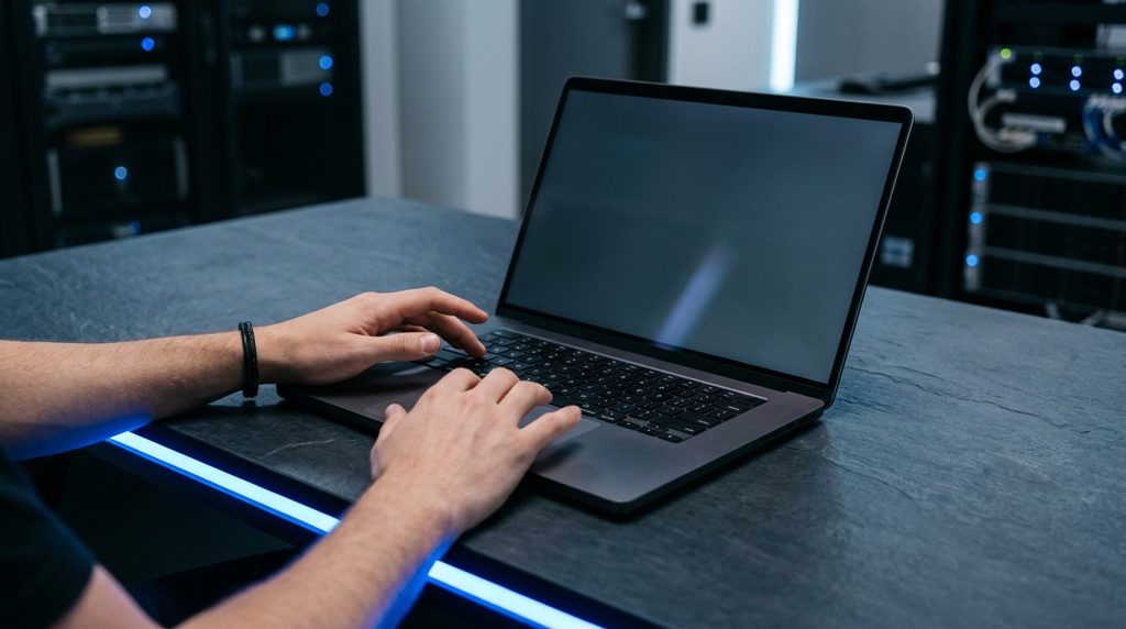 ダークなデスクでノートPCを操作しようとする手元