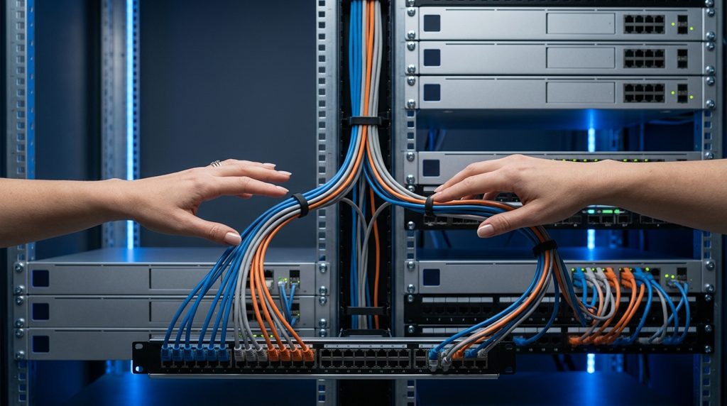 データセンターで、分岐した2本のネットワークケーブルに手をかざす様子
