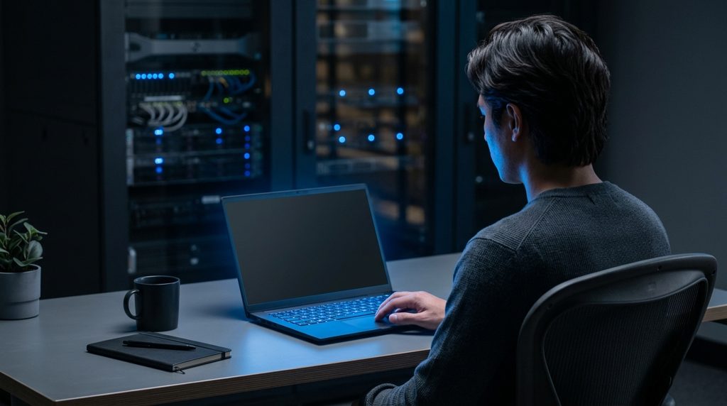 ノートパソコンで作業する人の手元、背景にサーバー
