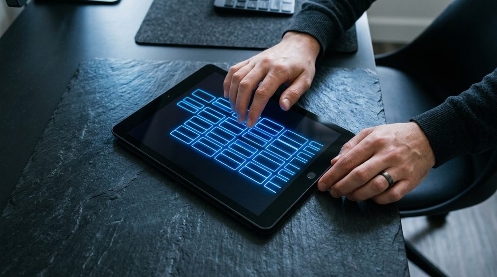 暗いタブレット画面と選択肢を検討する手元