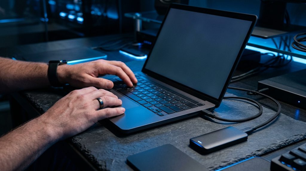 ノートPCと外部ストレージ、手を置く人