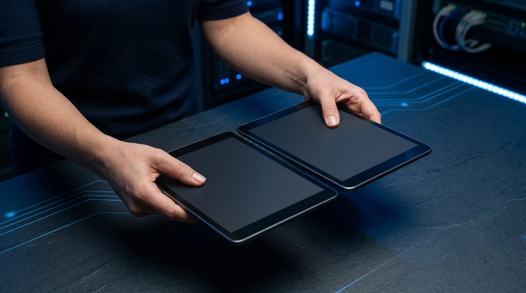 二つのタブレットを並べて確認する手元