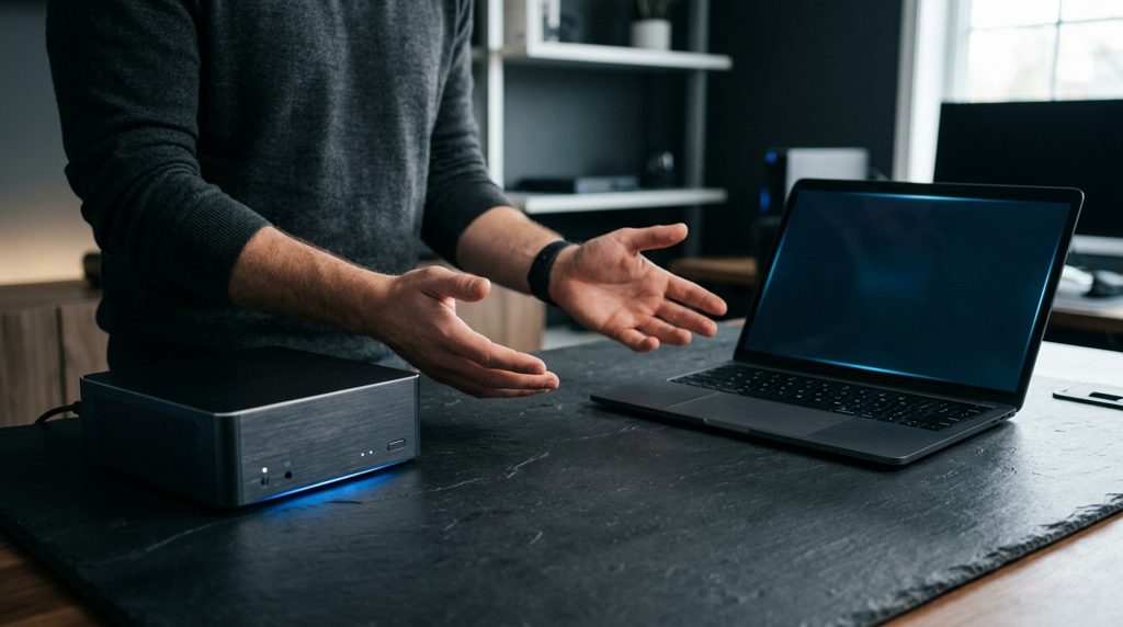 開発者がサーバーらしき機器とノートPCを見比べ考慮する様子