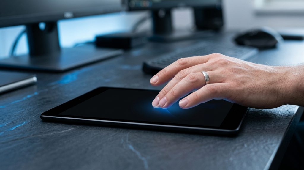 電気的な青い光を放つタブレット画面に手をかざす様子