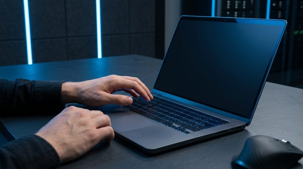 ダークなデスクでノートPCのキーボードに手を置く様子
