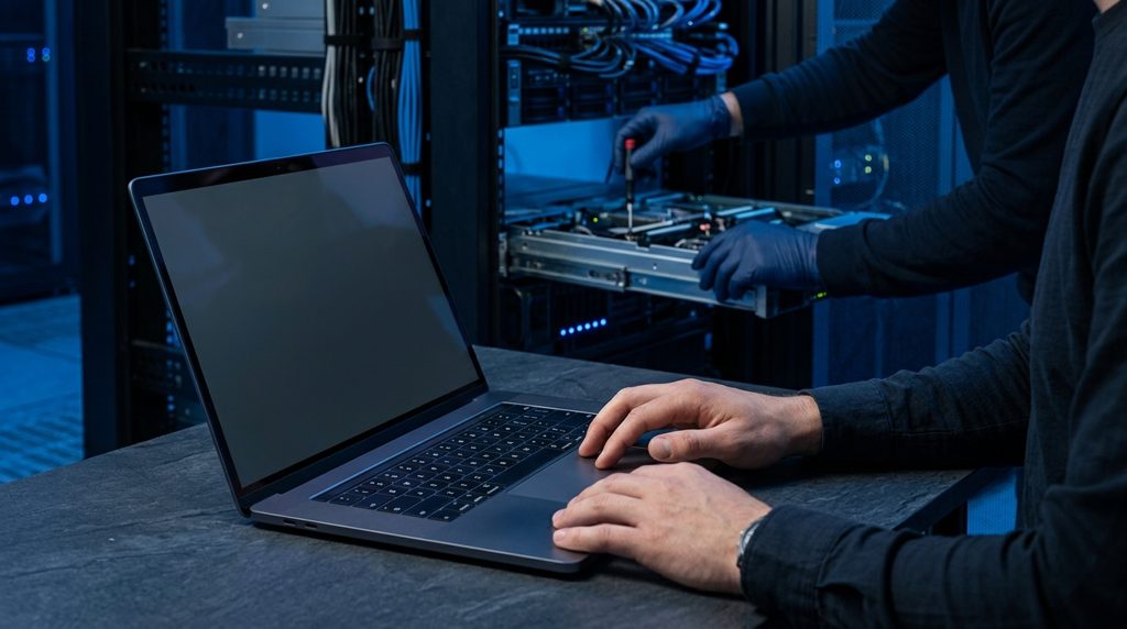 ノートPCを操作する手とサーバー内部を触る手