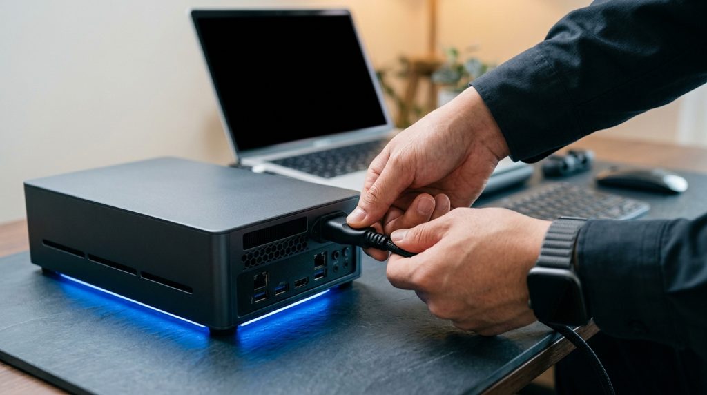 小型サーバーに電源ケーブルを接続する手元