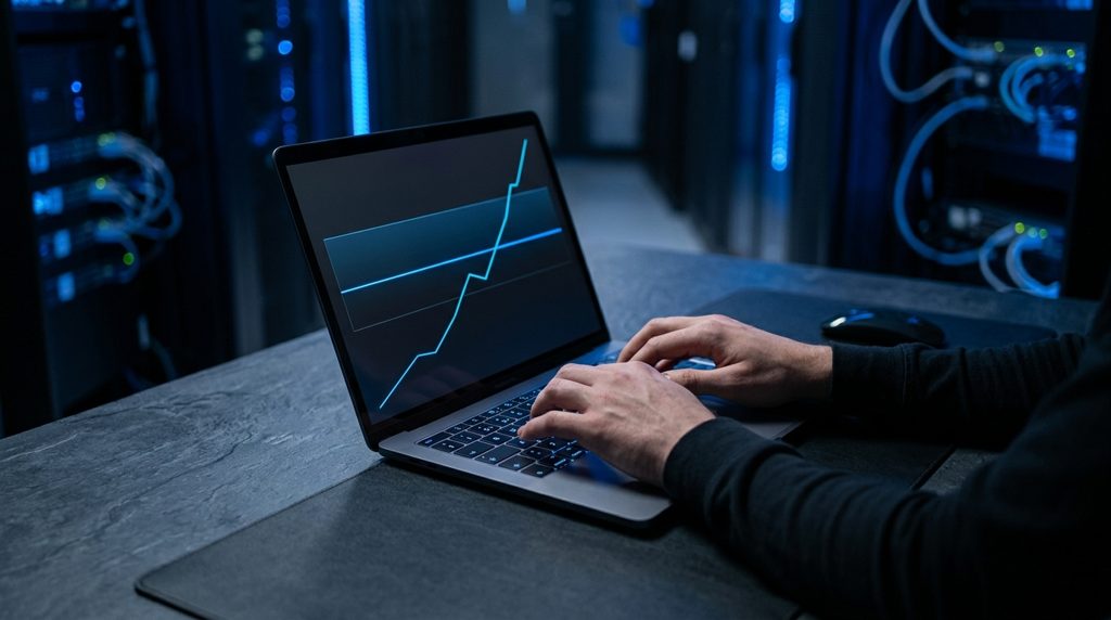 ノートPCの画面に固定費と変動費のグラフ