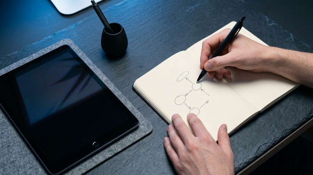 ノートにペンで図を描く手元