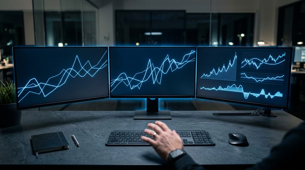 複数のモニターに表示されたデータとPC