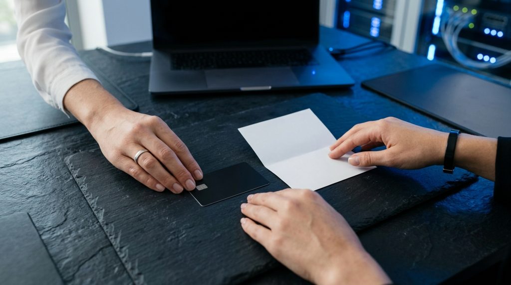 暗い机の上でクレジットカードと書類を整理する手元