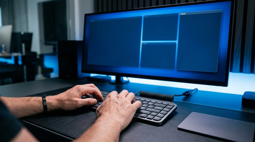 複数のウィンドウが開かれたPC画面とキーボード