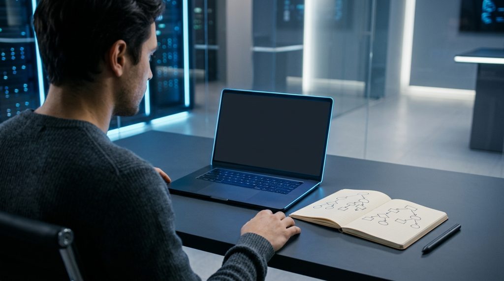 ノートPCと手書きの図を見る人の後ろ姿