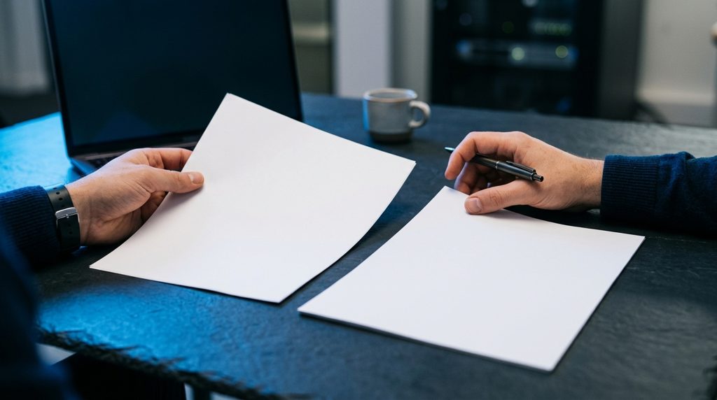 ダークスレートの机で契約期間の書類を比較する手元