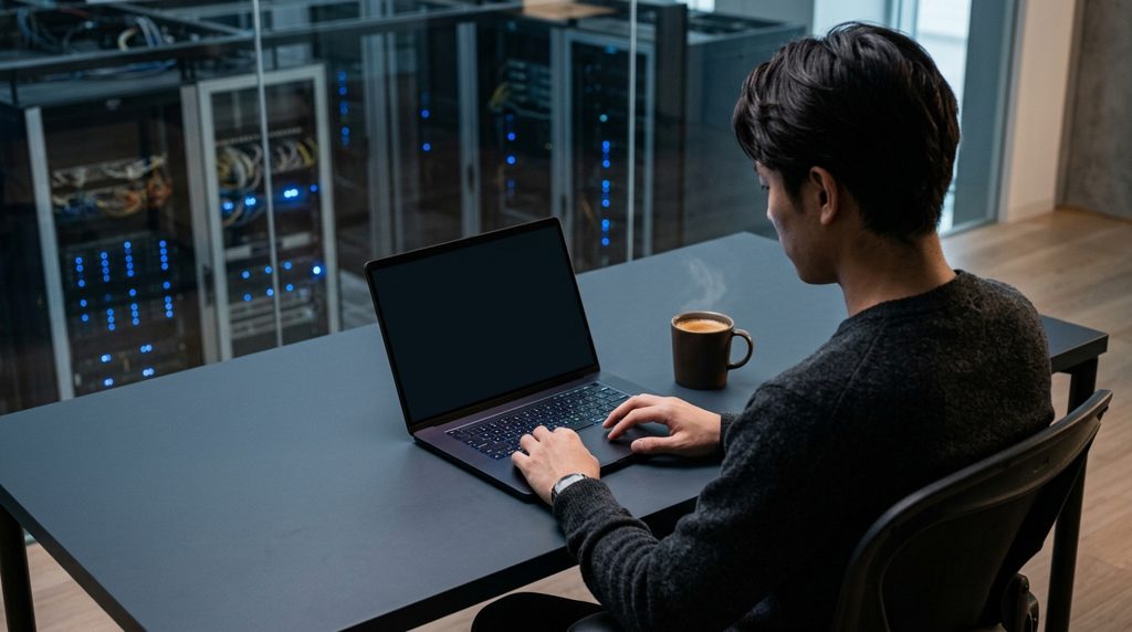 ノートPCの前で、コーヒーを傍らに思案する人の後ろ姿
