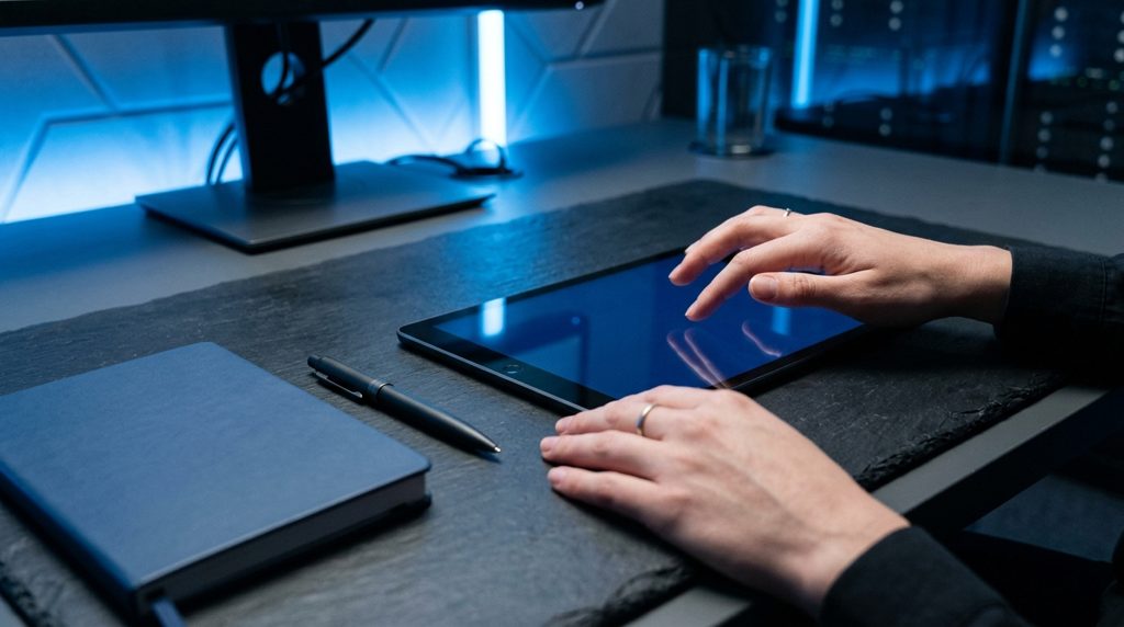机でタブレットと手帳を前に考える手元