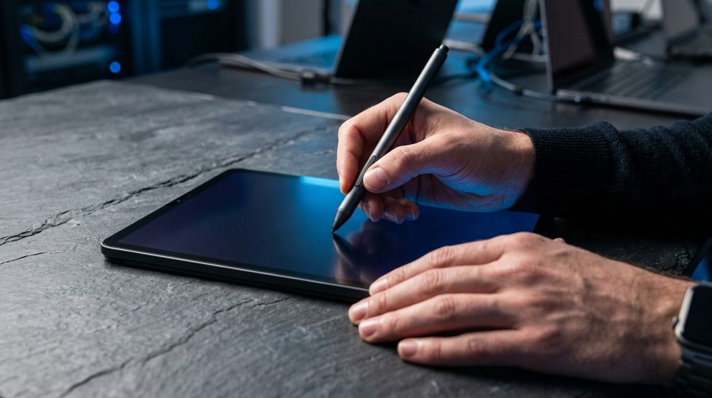 暗い画面のタブレットを操作する手元