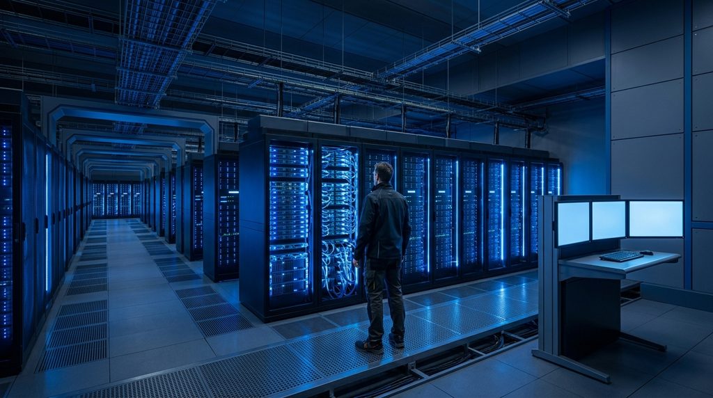 青く光るサーバーラックが並ぶデータセンター