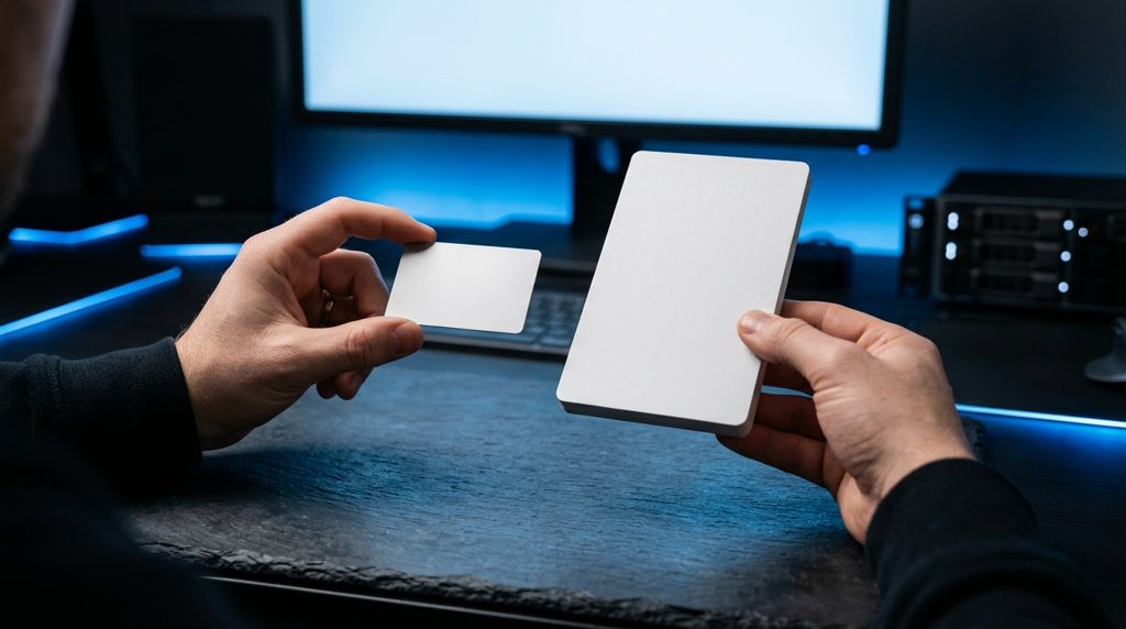 暗い机の上で、大きさの異なる2枚のカードを見比べる手元