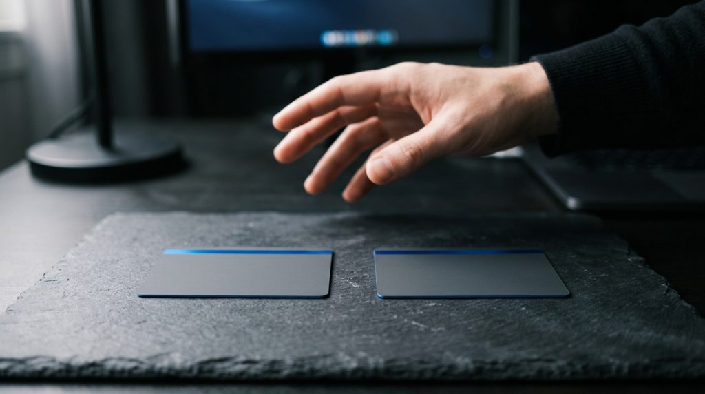2枚のカードが置かれたデスクと考える手