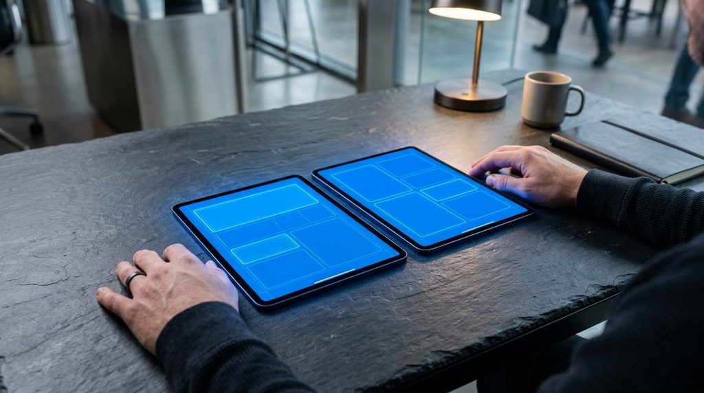 テーブルに並べられた2台のタブレット端末と、それを見比べる人の手元。