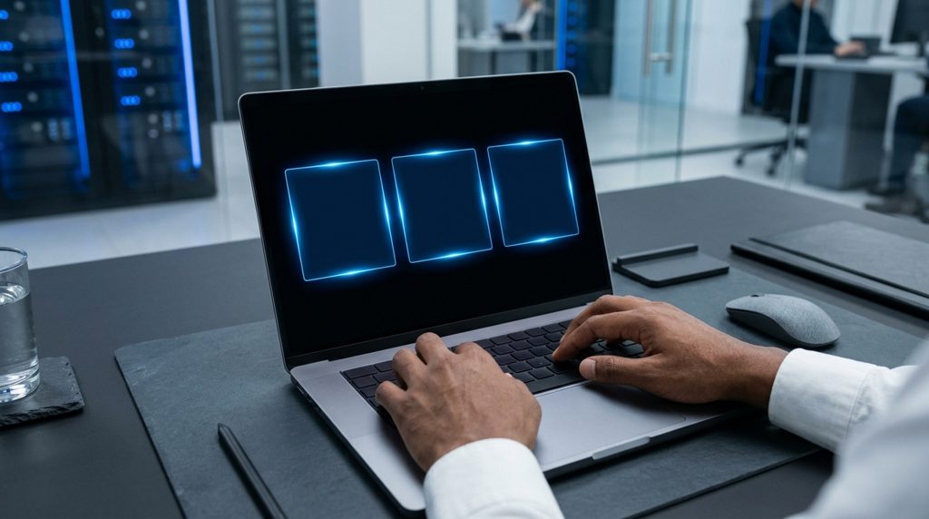 ノートPCの画面に並んだ3つの選択肢を見る手