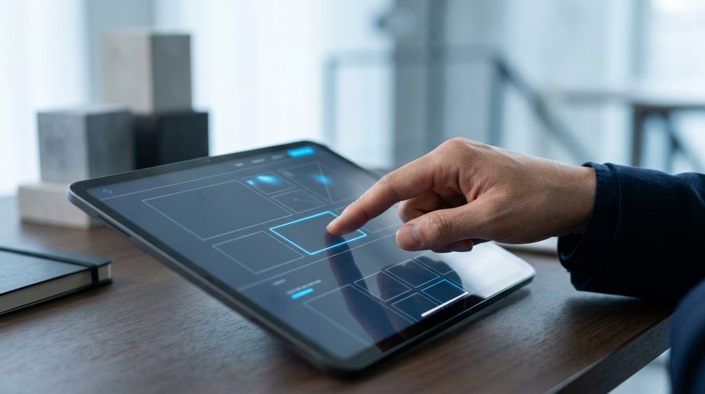 ウェブサイトデザインが表示されたタブレットを操作する手