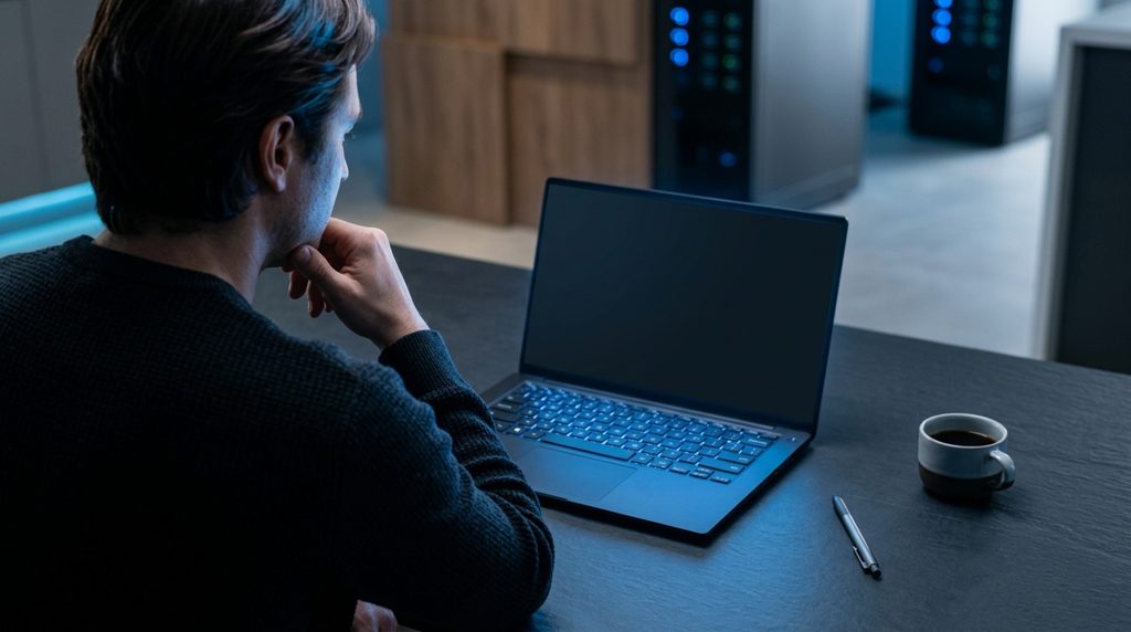 クリーンなデスクでノートPCを前に思案する人物