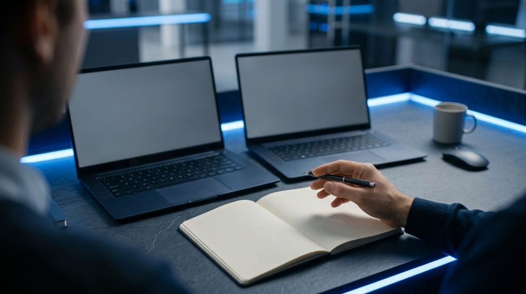 二台のノートPCと手帳を見る人物の手元