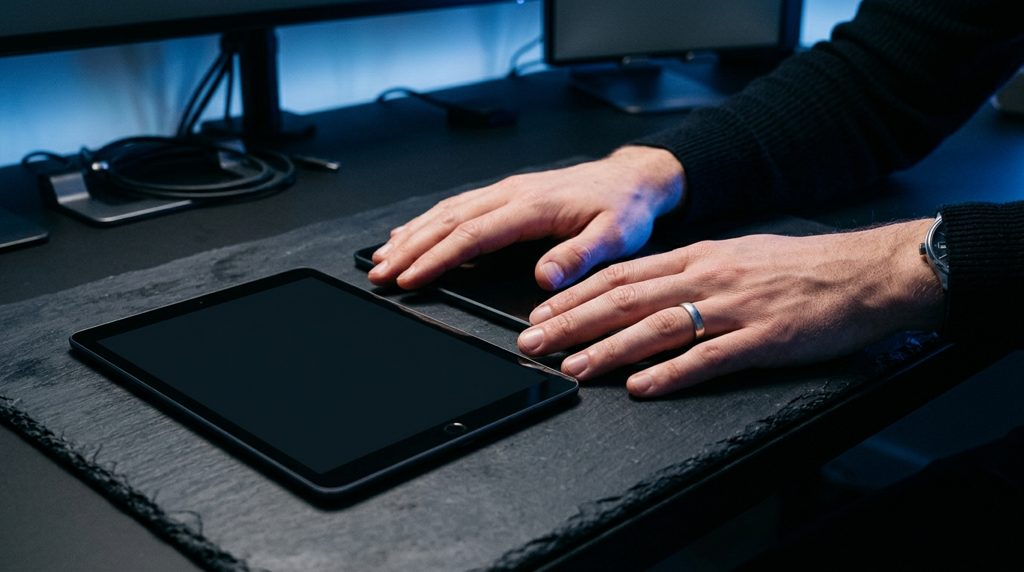 ダークスレートの机に並べられた2台のタブレットと手元